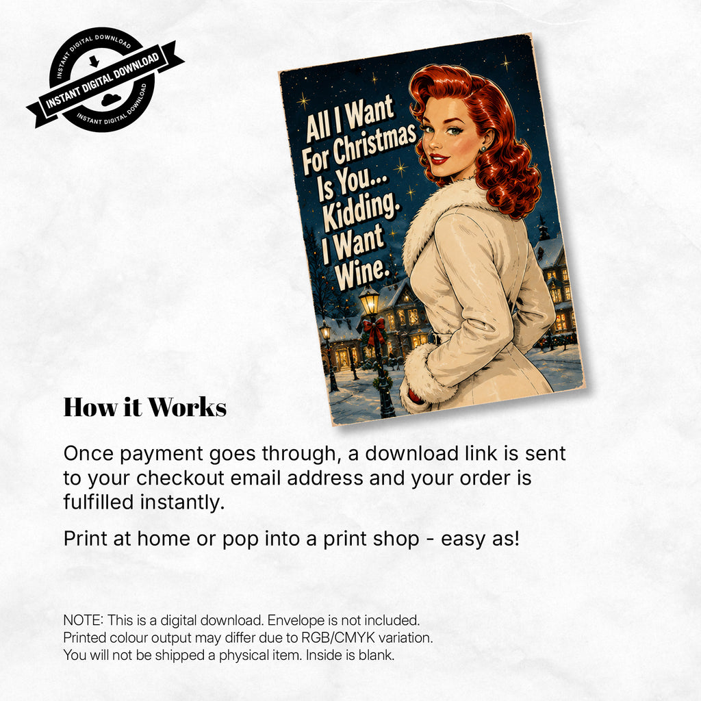 Greeting Card Xmas - All I Want for Christmas Is You, Kidding I Want Wine