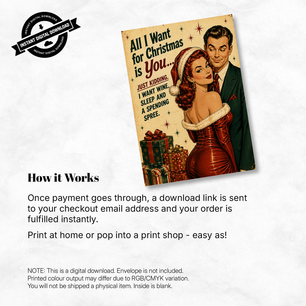 Greeting Card Xmas - All I Want for Christmas Is You, Just Kidding I Want Wine, Sleep and a Spending Spree