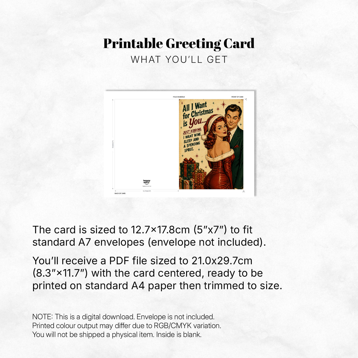 Greeting Card Xmas - All I Want for Christmas Is You, Just Kidding I Want Wine, Sleep and a Spending Spree