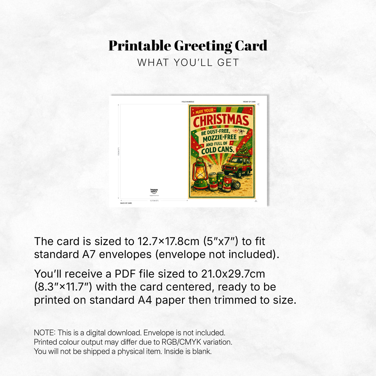 Greeting Card Xmas - May Your Xmas Be Dust-Free, Mozzie-Free and Full of Cold Cans