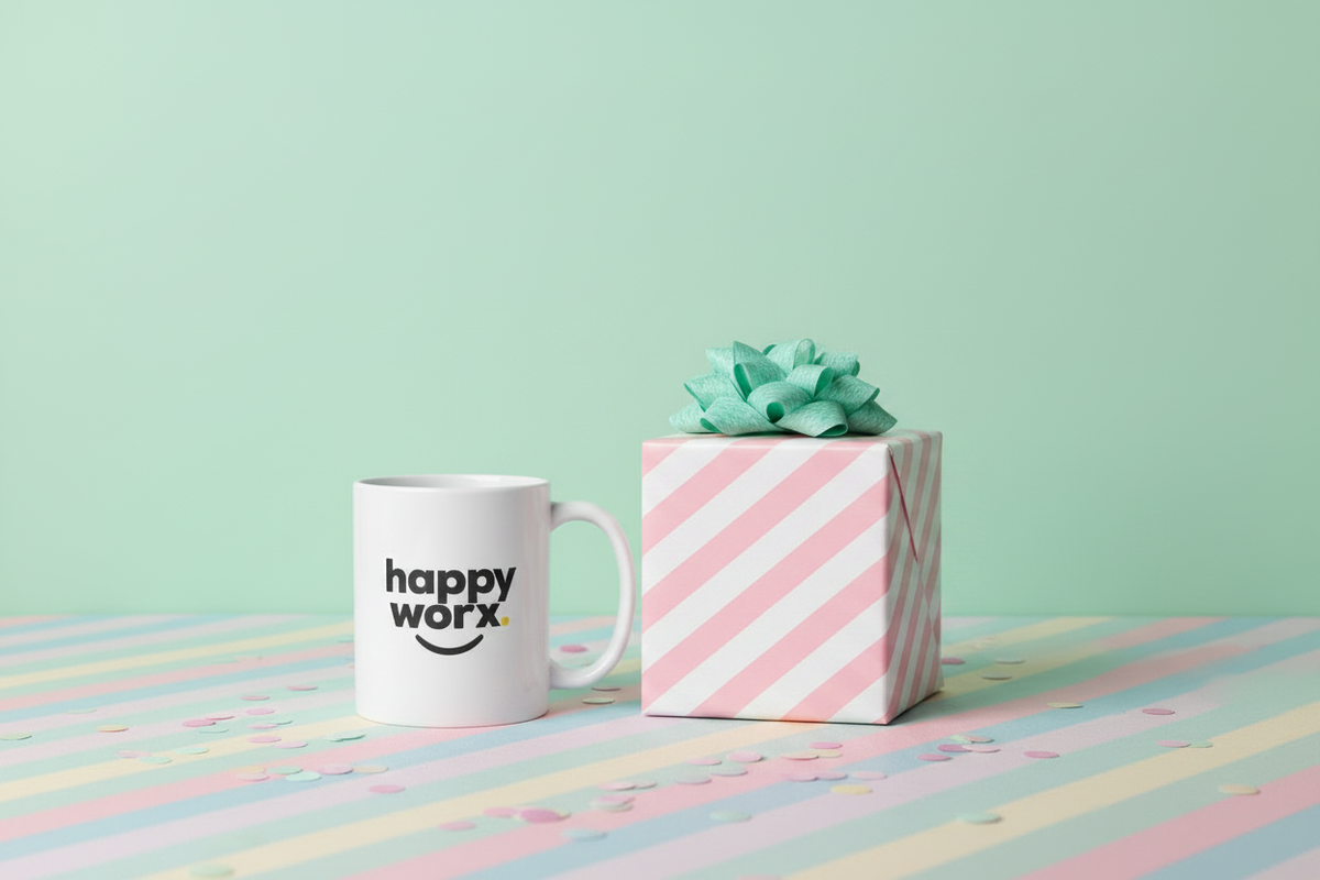 Happyworx mug in front of gift box